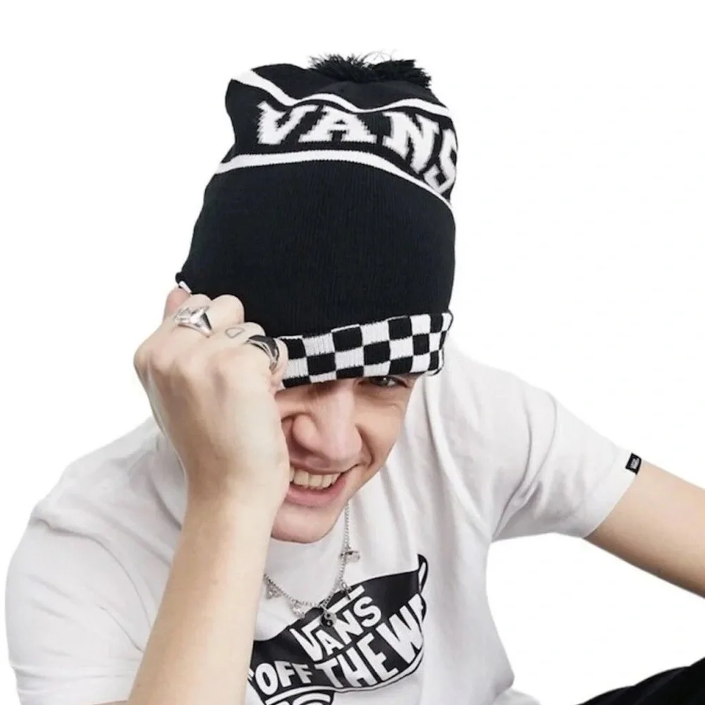 Vans WM Spirit Pom Black Checker Beanie Skateboarding Hat Women Men VN0A5LG3BLK